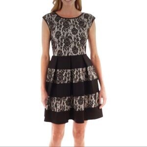 Tiana B. Black & Silver Scuba Lace Fit & Flare Midi Dress SZ 10 Good Condition